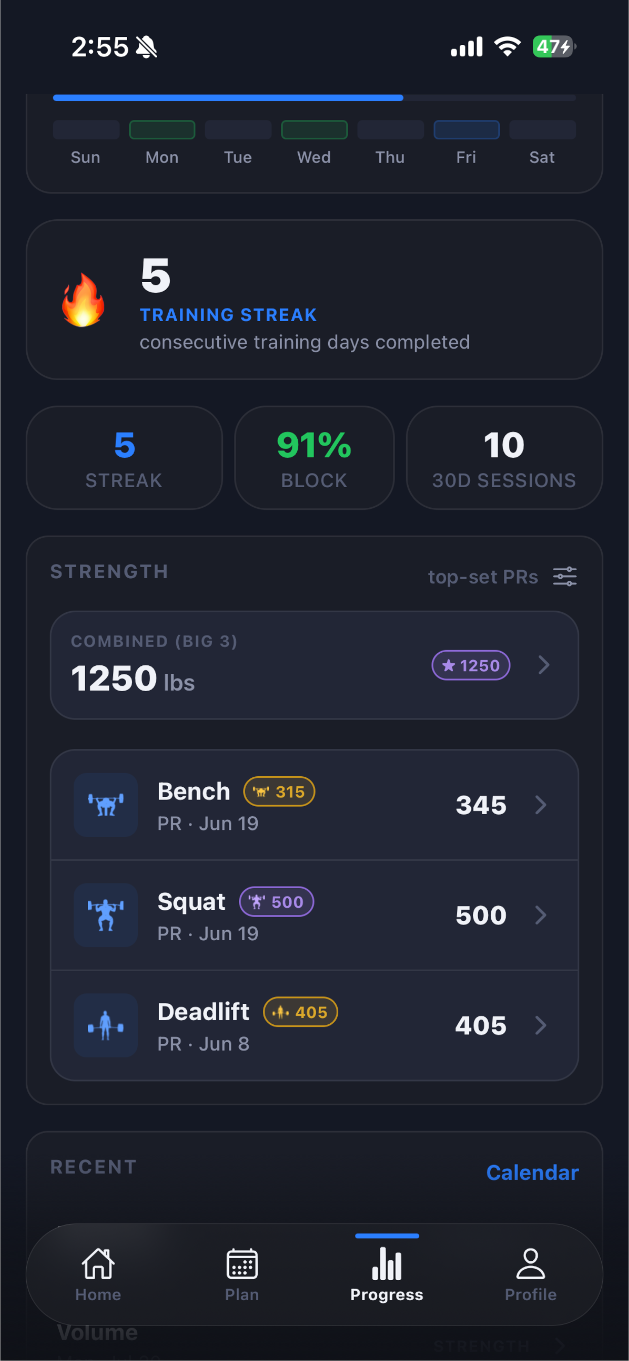 TrainToday athlete progress screen showing PRs, training streak, and block completion
