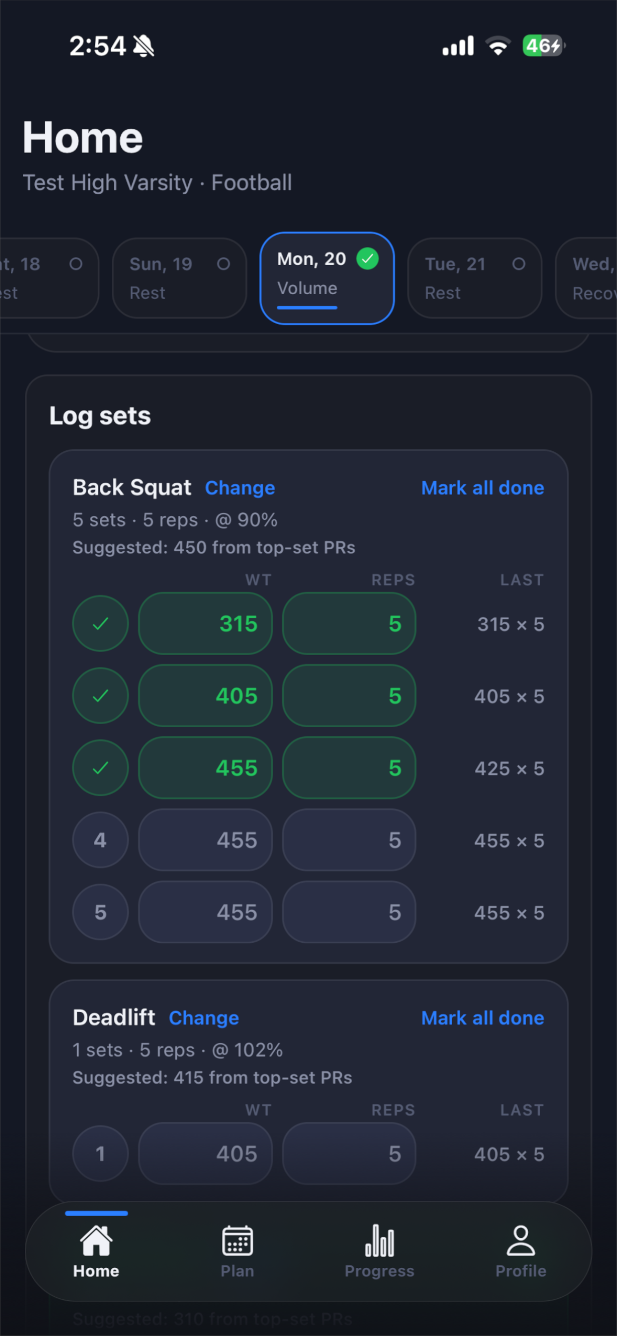 TrainToday app showing today's training day and fast set logging