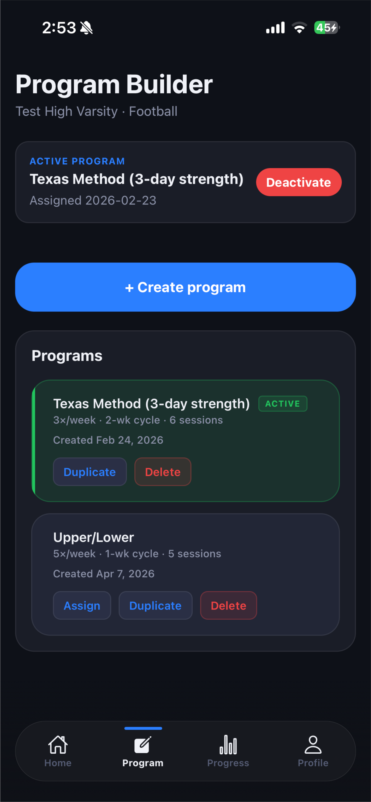 TrainToday program builder showing an active training block and saved templates