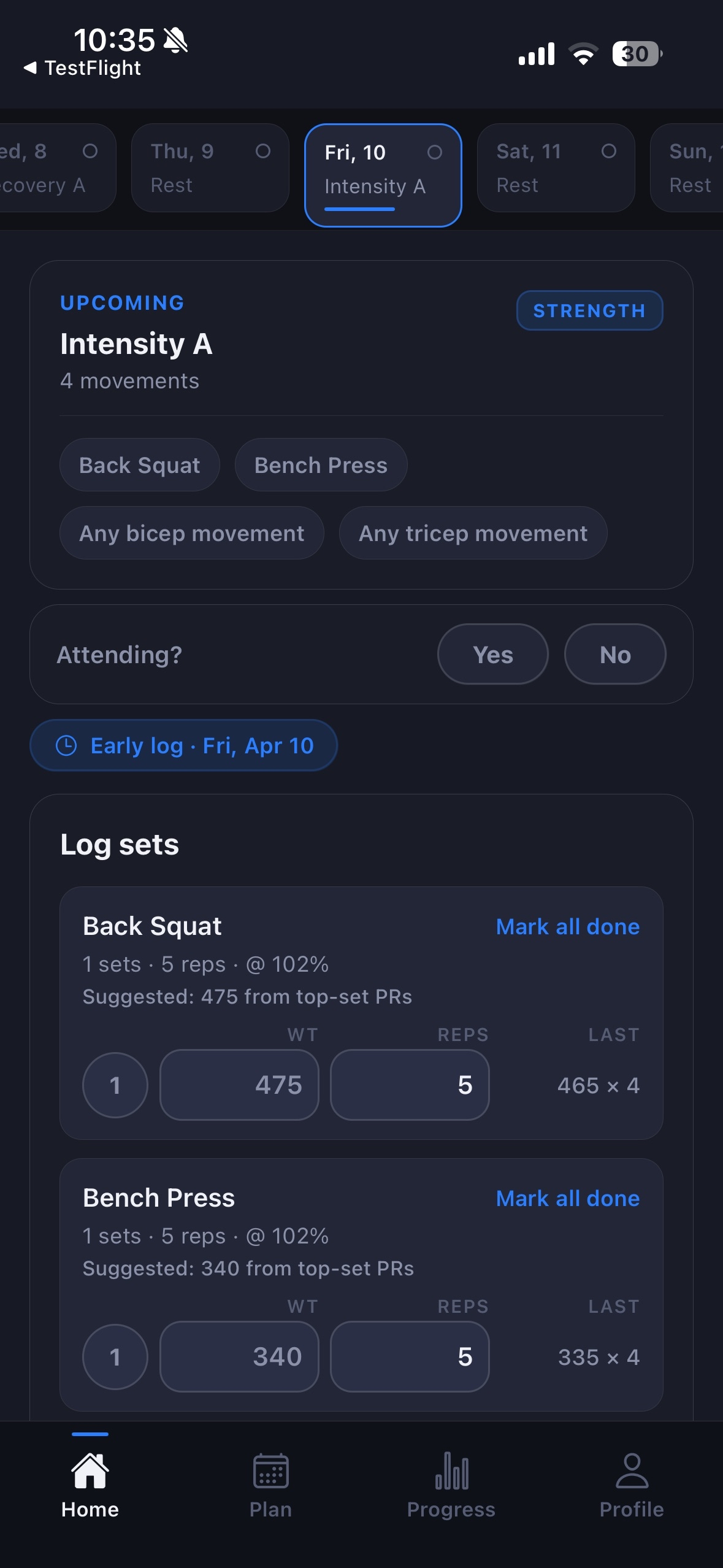 TrainToday athlete home view: today's workout and logging